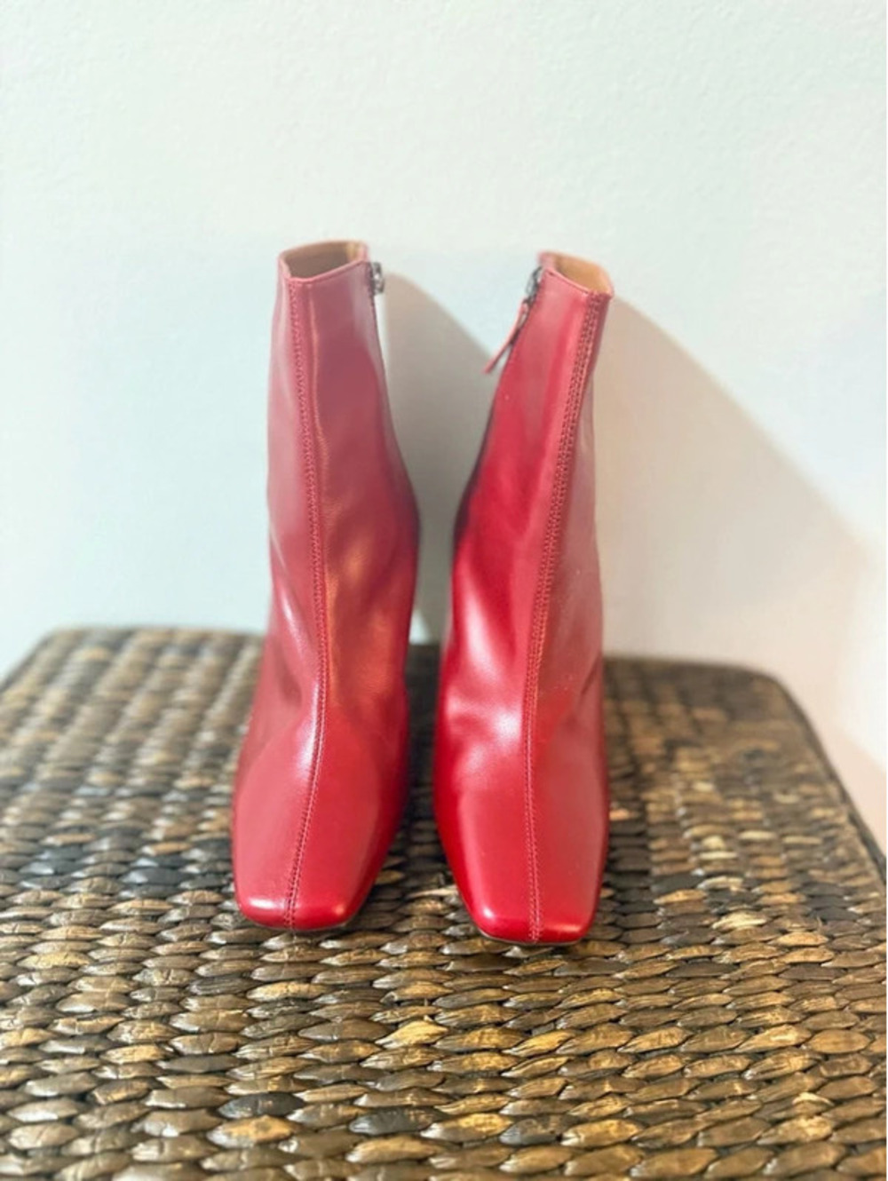 Kurt Geiger London Red Leather Square Toe Ankle Boots with Sculpted Heel
